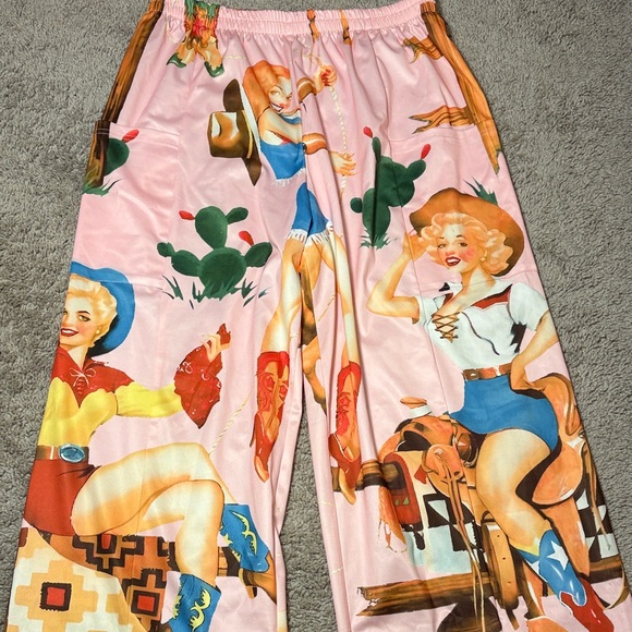 Source Unknown Pants - Source Unknown Pink Western Print Wide Leg Pants